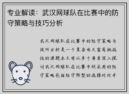 专业解读：武汉网球队在比赛中的防守策略与技巧分析